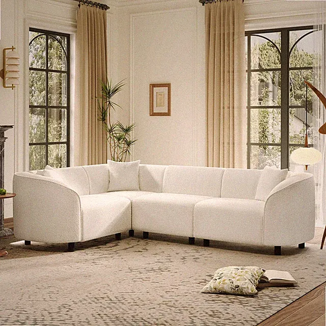 Beige Curved L-Shaped Sectional Sofa in Boucle Fabric