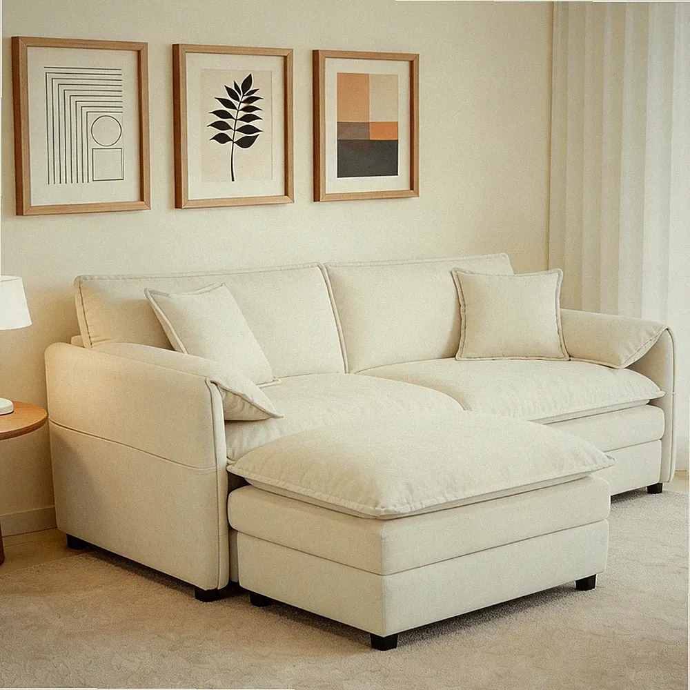 Beige Deep Seat Sectional Sofa Cloud Couch Ottoman, Chenille Comfy Seat Couch