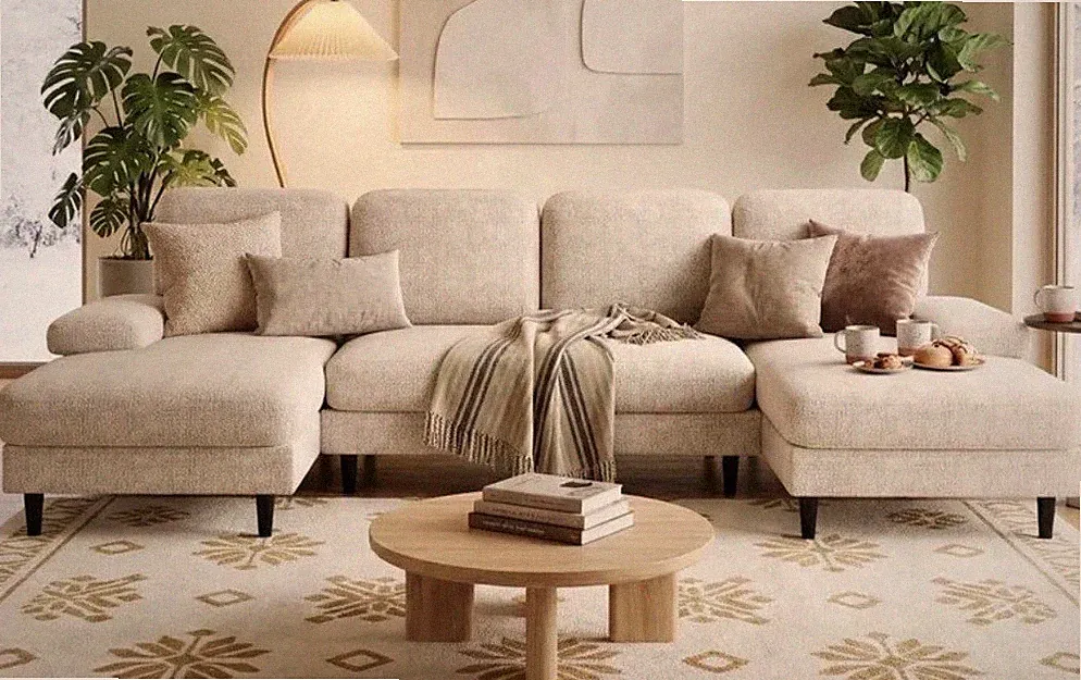 Beige Fabric 3-Seat Sectional Sofa with Chaise, Wood Frame, Modern, Pillow Arms