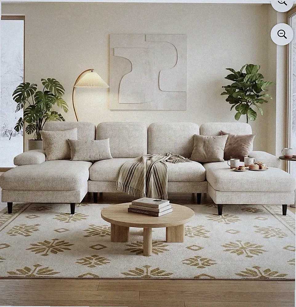 Beige Fabric 3-Seat Sectional Sofa with Chaise, Wood Frame, Modern, Pillow Arms