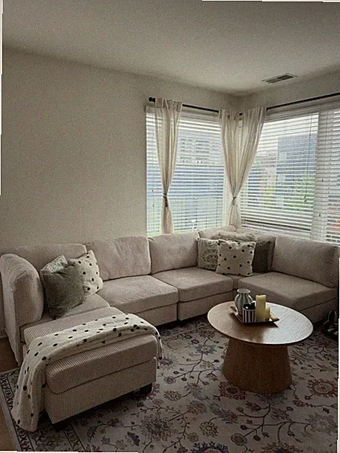 Beige Fabric Corduroy Sectional Sofa w/ Chaise Ottoman, Cushions