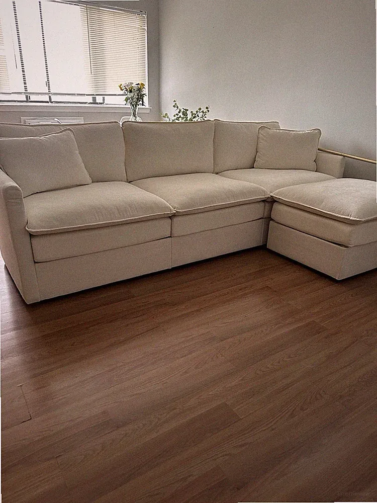 Beige Fabric L-Shape Sectional Sofa with Storage Chaise, Cushions, Square Arms