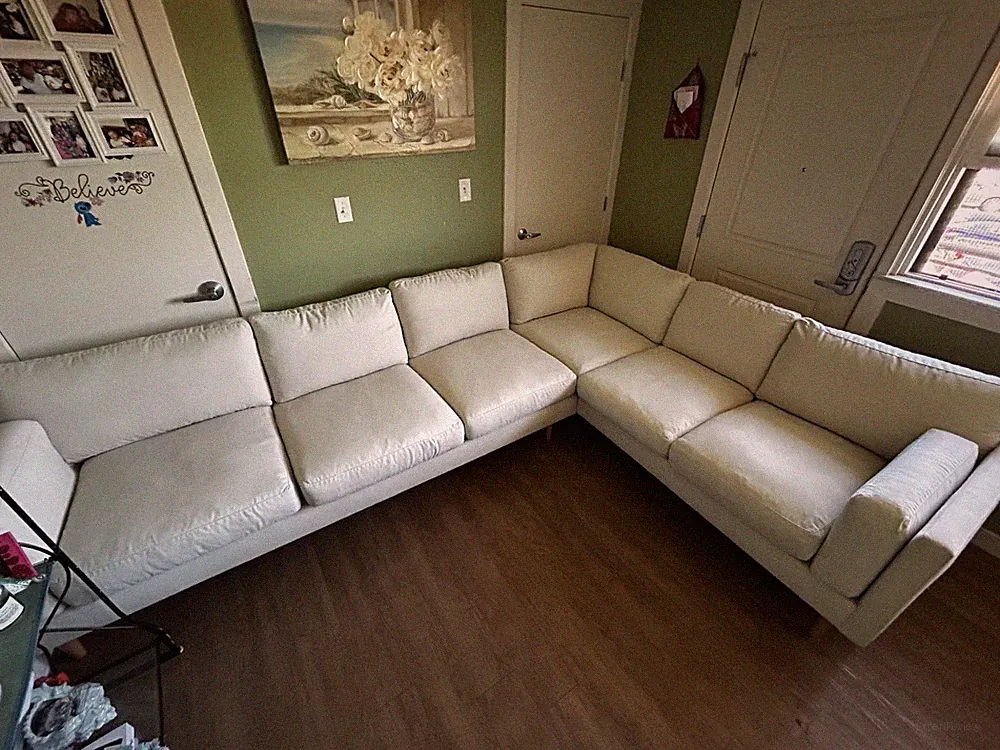 Beige Fabric L-Shaped Sectional Sofa, Track Arms, Cushions, Wood Frame