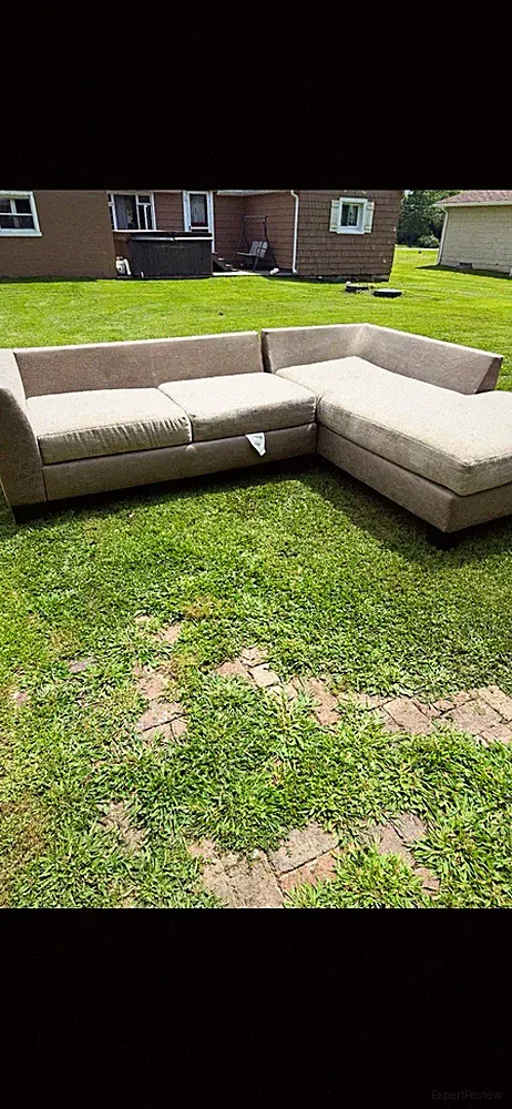Beige Fabric L-Shaped Sectional Sofa w/ Chaise, Track Arms, Wood Frame