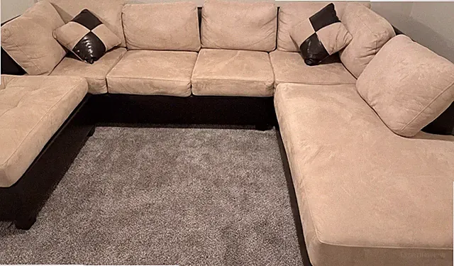 Beige Fabric Sectional Sofa, Black Frame/Base, Solid, With Cushions