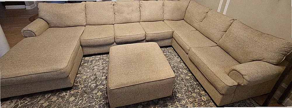 Beige Fabric Sectional Sofa w/ Chaise, Rolled Arms, Solid, Living Room