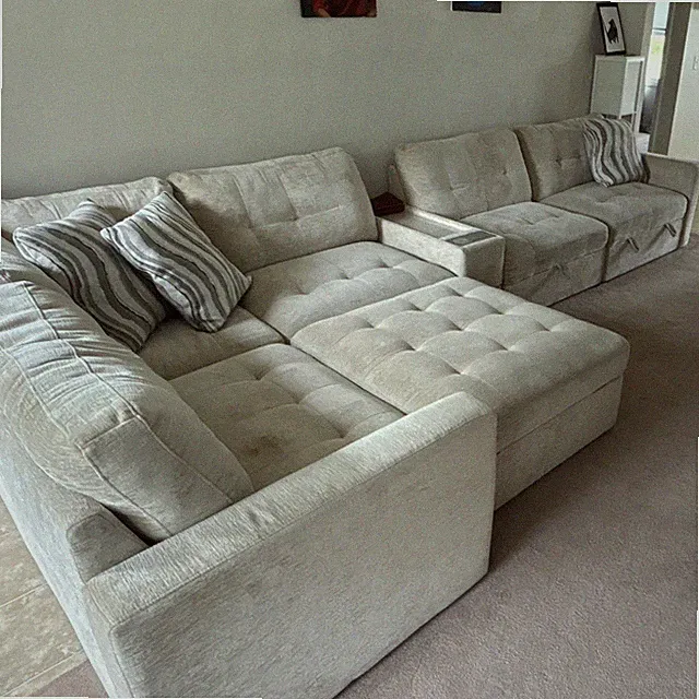 Beige Fabric Sectional Sofa w/ Chaise, Storage, USB Port, Wood Frame