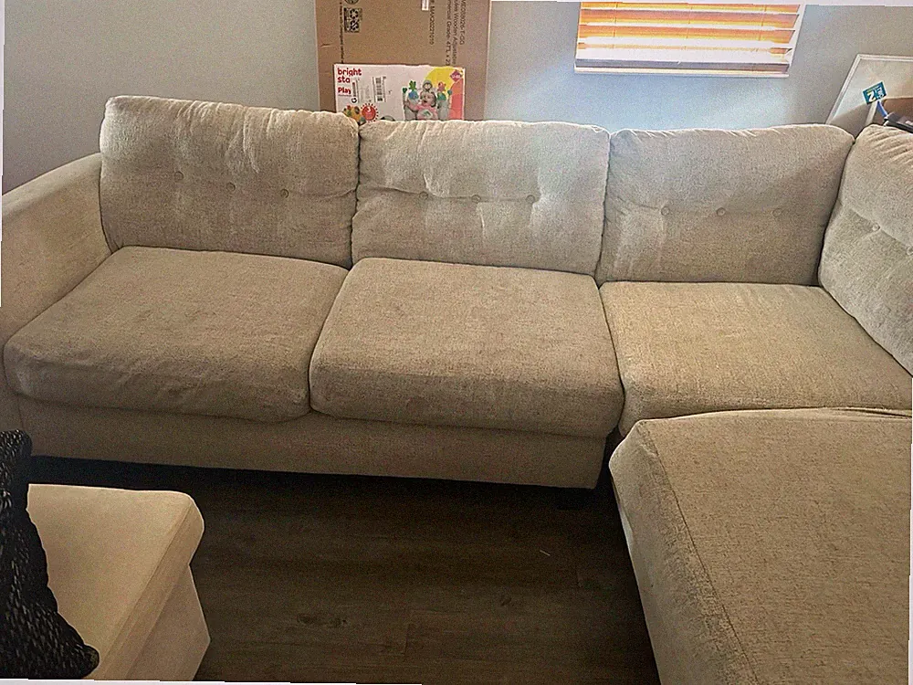 Beige Fabric Sectional Sofa w/ Chaise, Track Arms, Cushions, Seats 4
