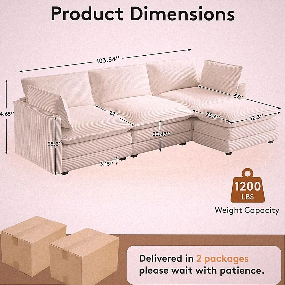 Beige Fabric Sectional Sofa with Chaise, 103.54 in, 3-Seat, Wood Frame