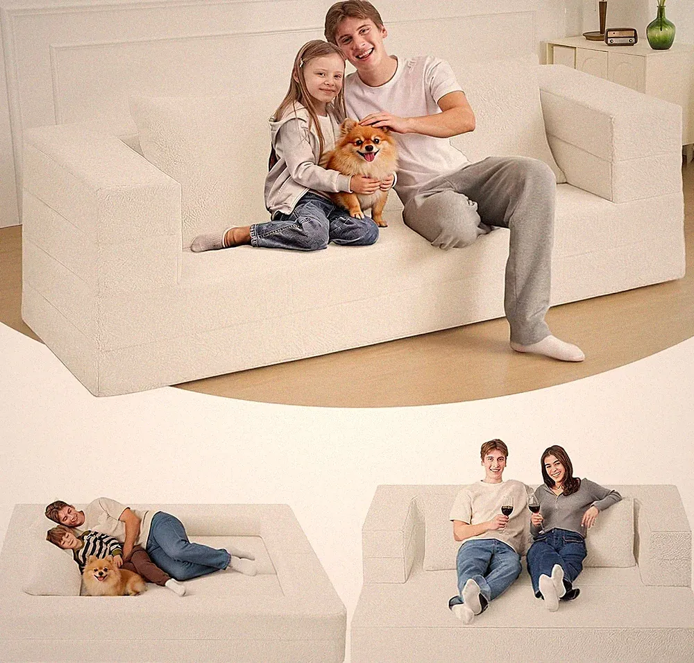 Beige Faux Fur Sleeper Sofa Bed - Memory Foam Comfort, Stylish & Removable Cover