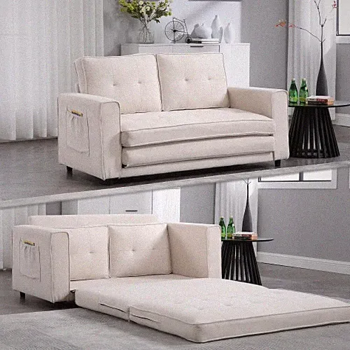 Beige Folding Sofa Bed Linen Convertible Sleeper Couch with Storage Pockets