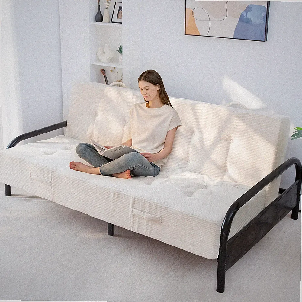 Beige Full Size Folding Mattress Sofa Bed With Handles Tufted Floor Couch