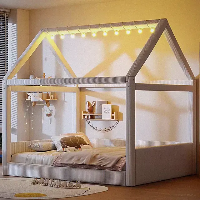 Beige Full Size Upholstered House Daybed with LED Light Strips