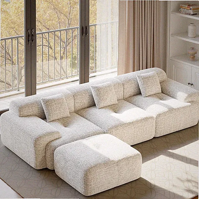Beige L-Shaped Convertible Couch with Ottoman - Stylish 4-Seater Sectional