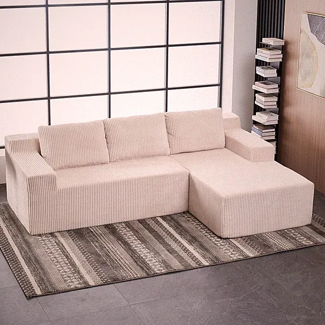 Beige L-Shaped Corduroy Sectional Sofa, Modern Couch, No Assembly