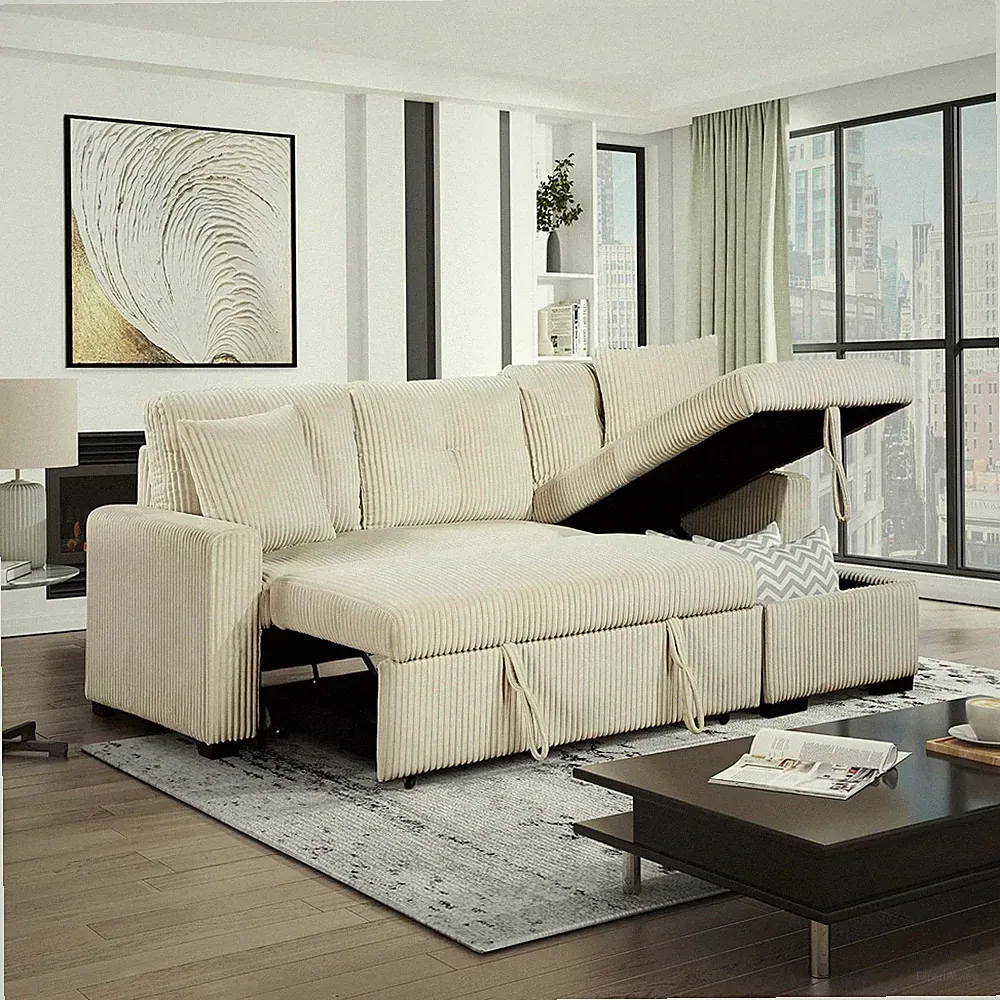 Beige L-Shaped Corduroy Sleeper Sofa with Storage & Pull-Out Bed