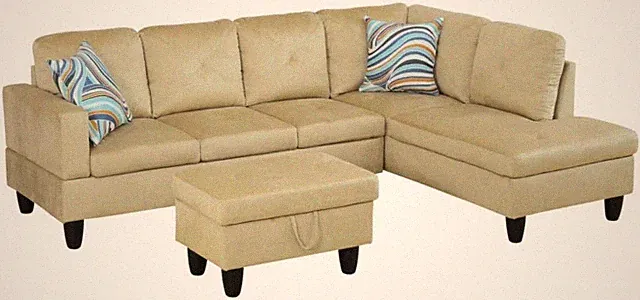 Beige L-Shaped Microfiber Sofa Set with Storage Ottoman for Small Spaces