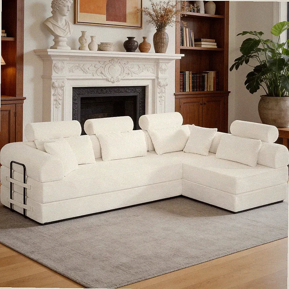Beige L-Shaped Modular Compressed Sectional Sofa Corduroy Couch Unfolds to Bed