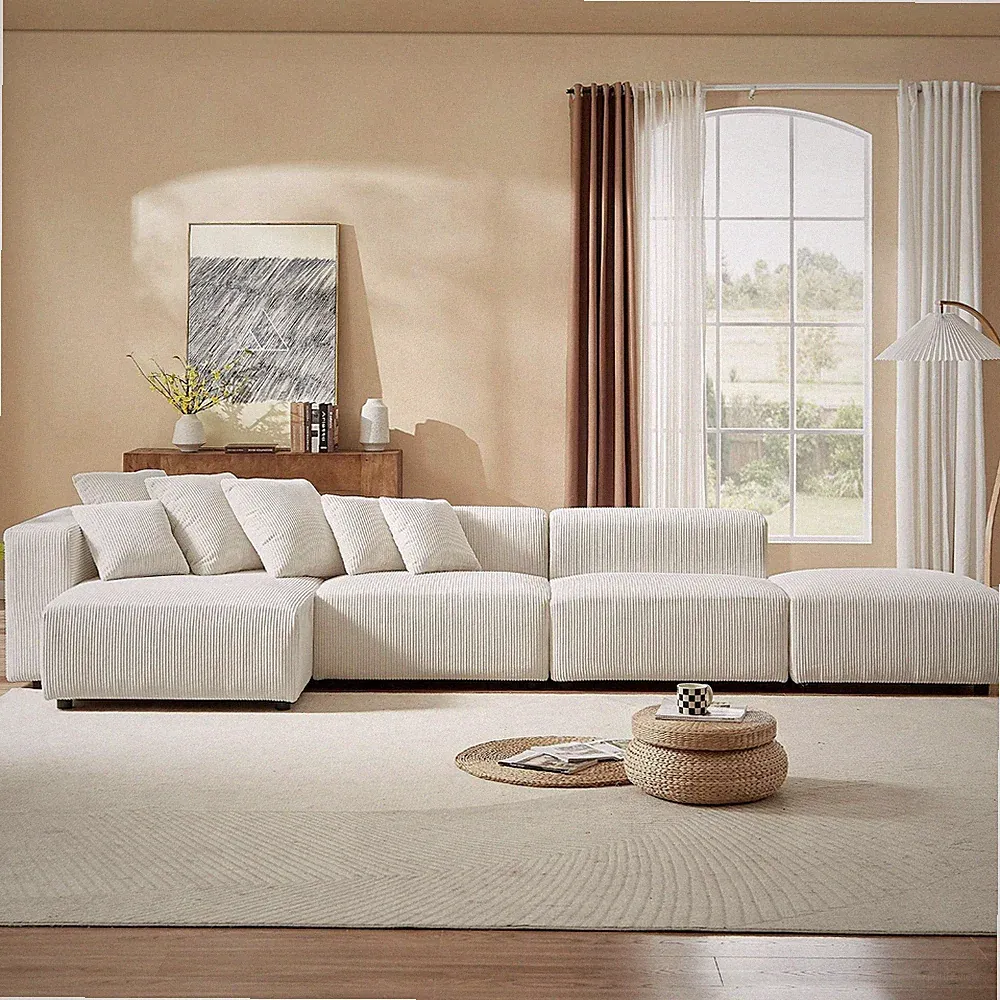 Beige L-Shaped Modular Sectional Sofa, 4-Seater Sofa | Mid-Century Modern Sofa