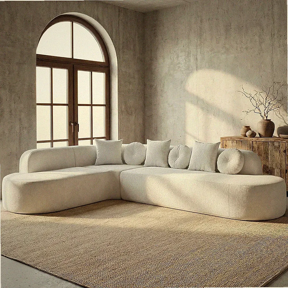 Beige L-Shaped Modular Sofa - No Assembly, 4-Seater Curved Couch