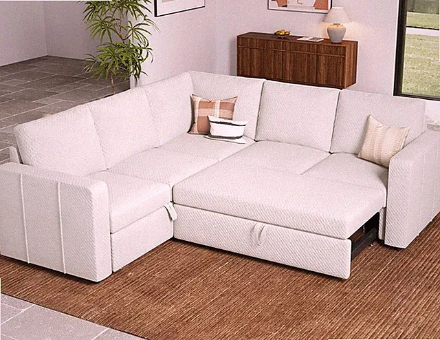 Beige L-Shaped Modular Sofa with Pull-Out Bed & Corner Design