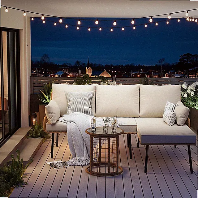 Beige L-Shaped Outdoor Sofa Set with Cushions & Glass Table for Patio