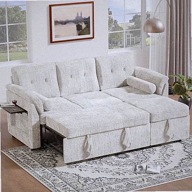 Beige L-Shaped Pull Out Couch with Bed & Side Tray for Small Spaces
