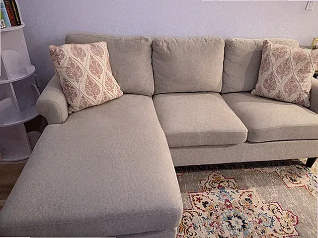 Beige L-Shaped Sectional Sofa Chaise, Rolled Arms, Cushion Back