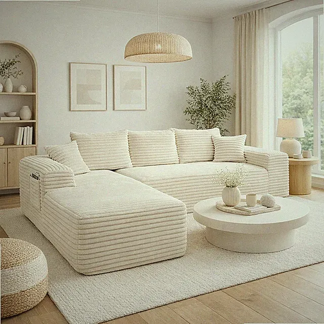 Beige L-shaped sofa Two-seater sofa Cloud-like velvet sofa with Pillows for