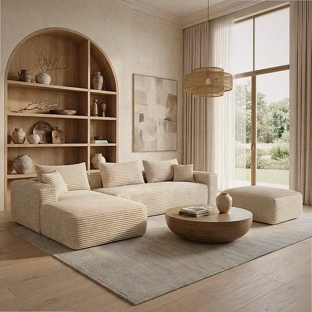 Beige L-shaped sofa Two-seater sofa Cloud-like velvet sofa with Pillows New