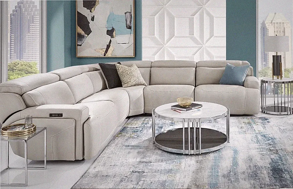 Beige Leather Sectional Sofa 123.5" Adjustable Headrest Storage USB Modern