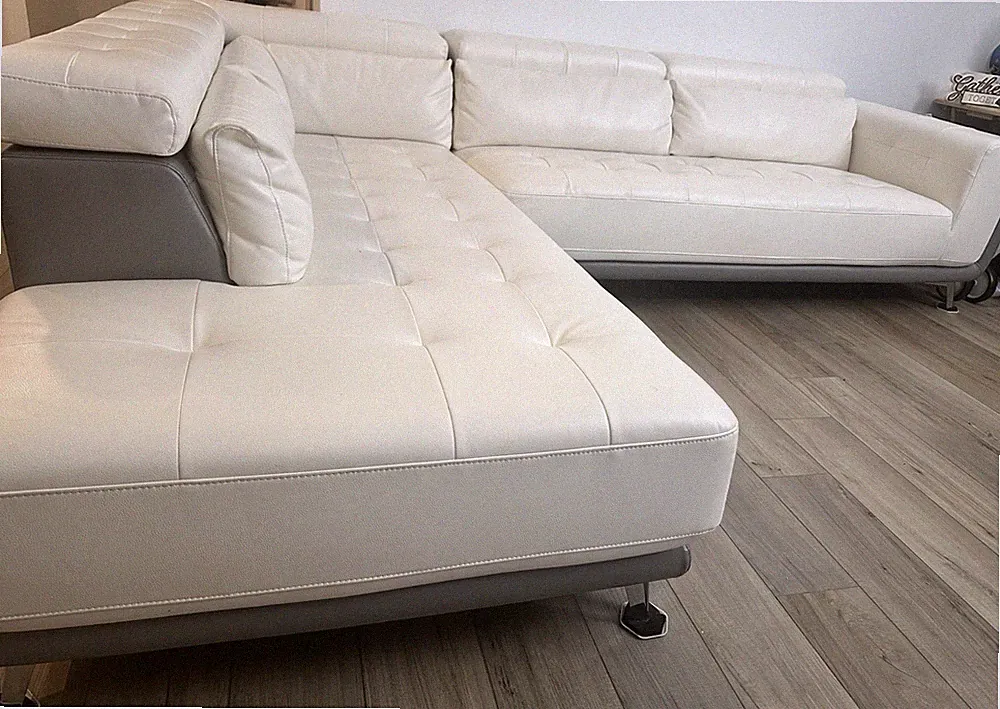 Beige Leather Sectional Sofa w/ Chaise, Gray Frame, 6-Seat Modern Solid