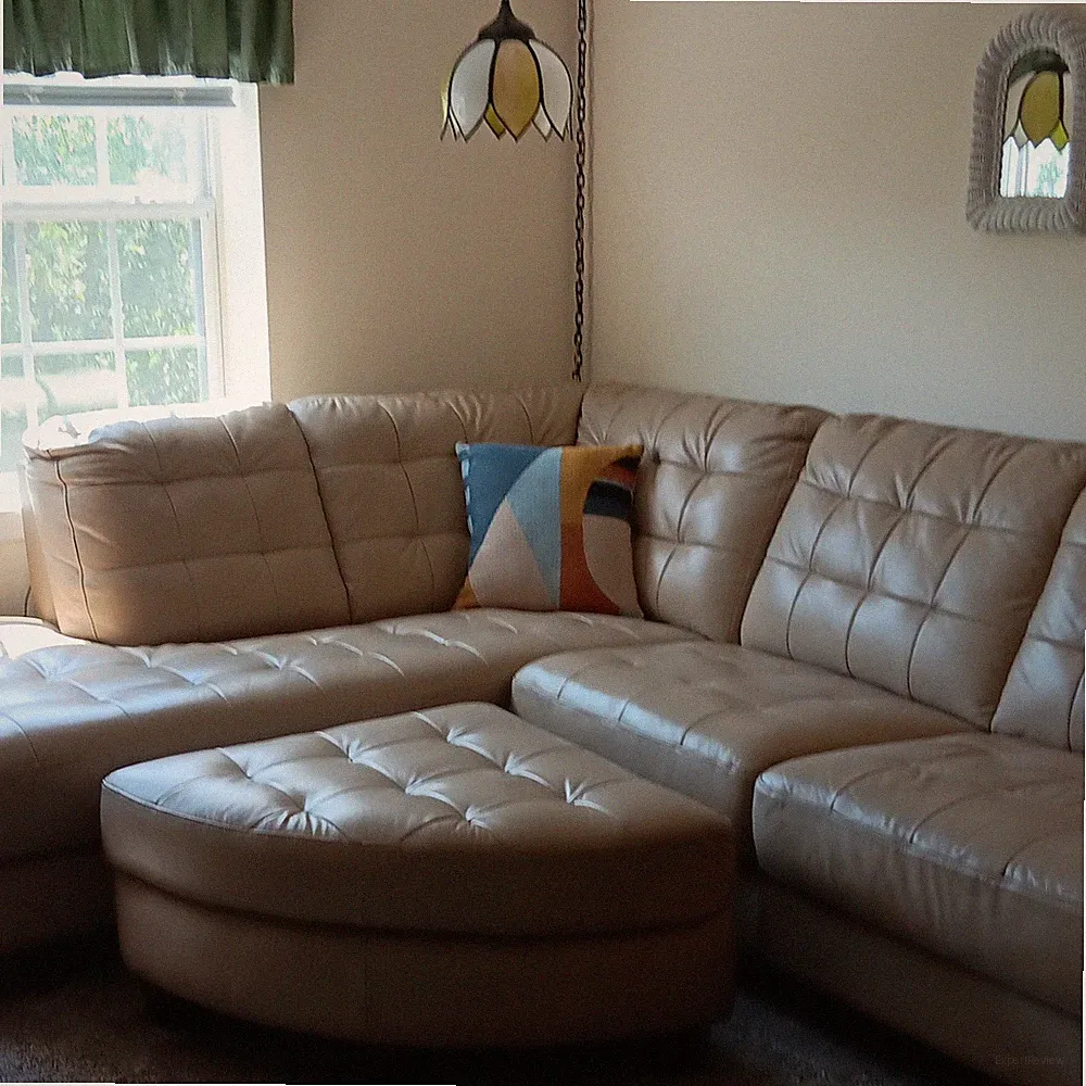 Beige Leather Tufted L-Shaped Sectional Sofa with Chaise, Wood Frame
