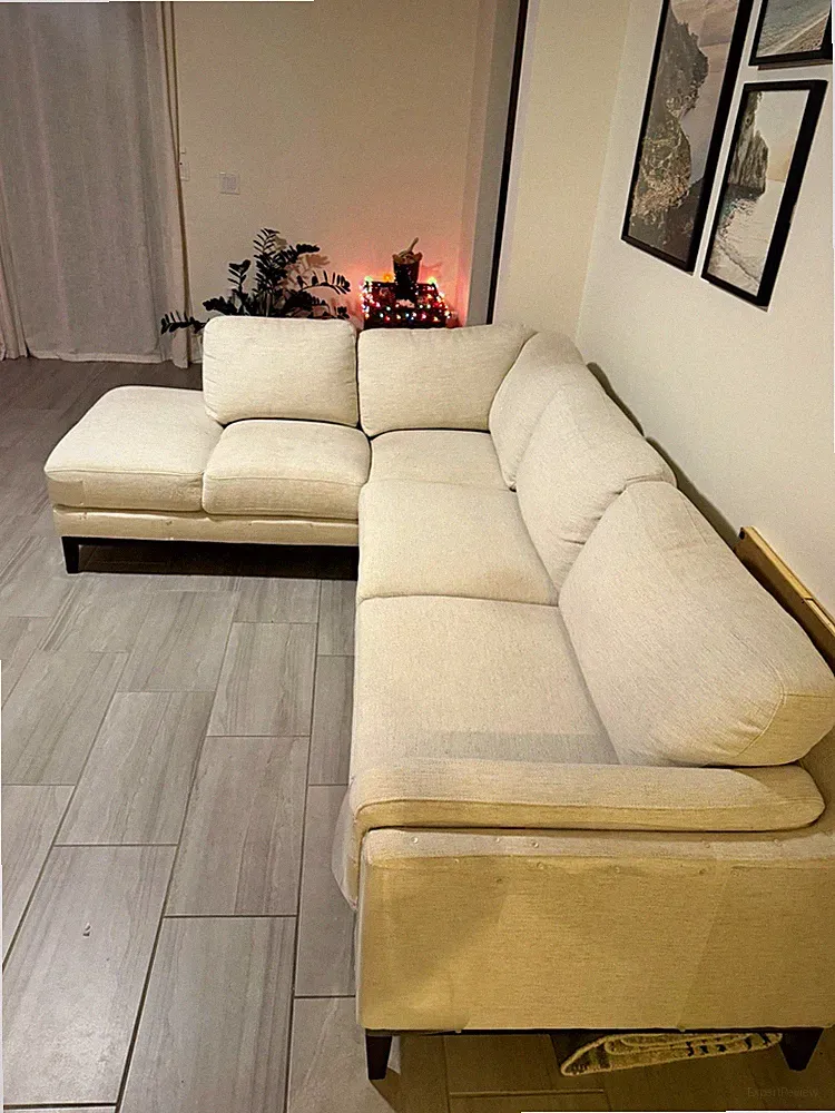 Beige Linen Blend L-Shaped Sectional Sofa with Chaise, Contemporary Modern
