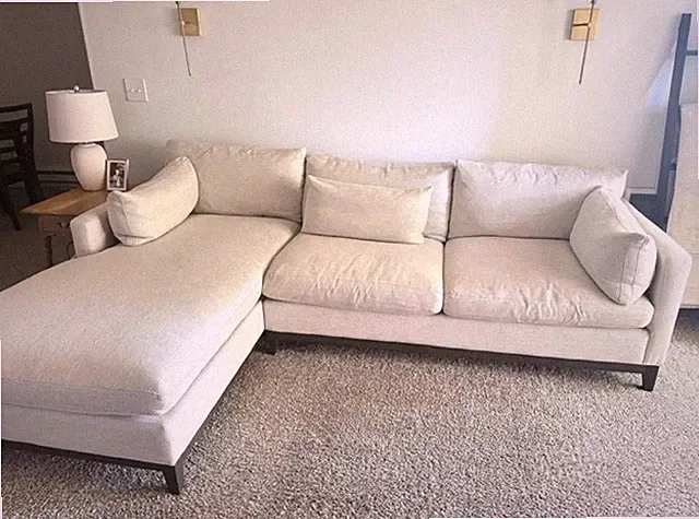 Beige Linen Chaise Sectional Sofa w/ Black Legs, Solid, 8.5 ft x 6 ft