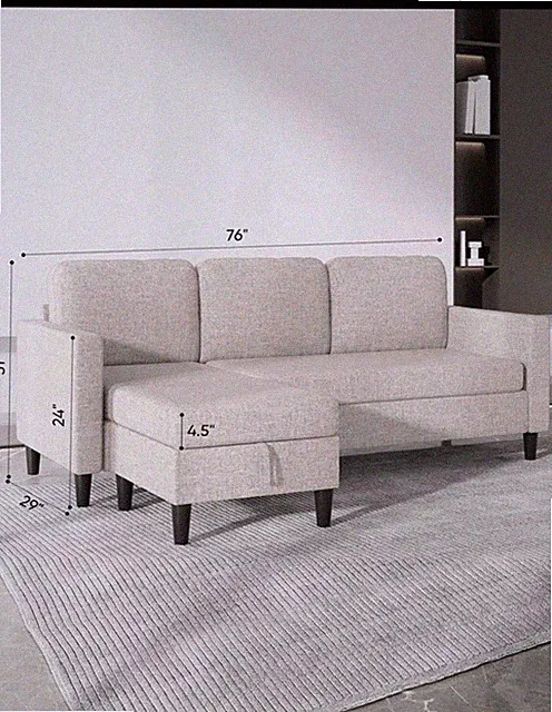 Beige Linen Sectional Sofa with Convertible Chaise, 76" Wide, Pet Friendly