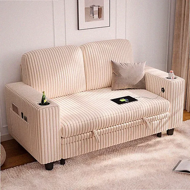 Beige Loveseat Sofa with Storage - Plush Corduroy Couch for Small Spaces