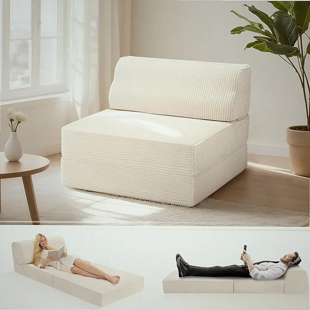Beige Memory Foam Folding Sofa Bed with Pillow - Convertible Sleeper Chair