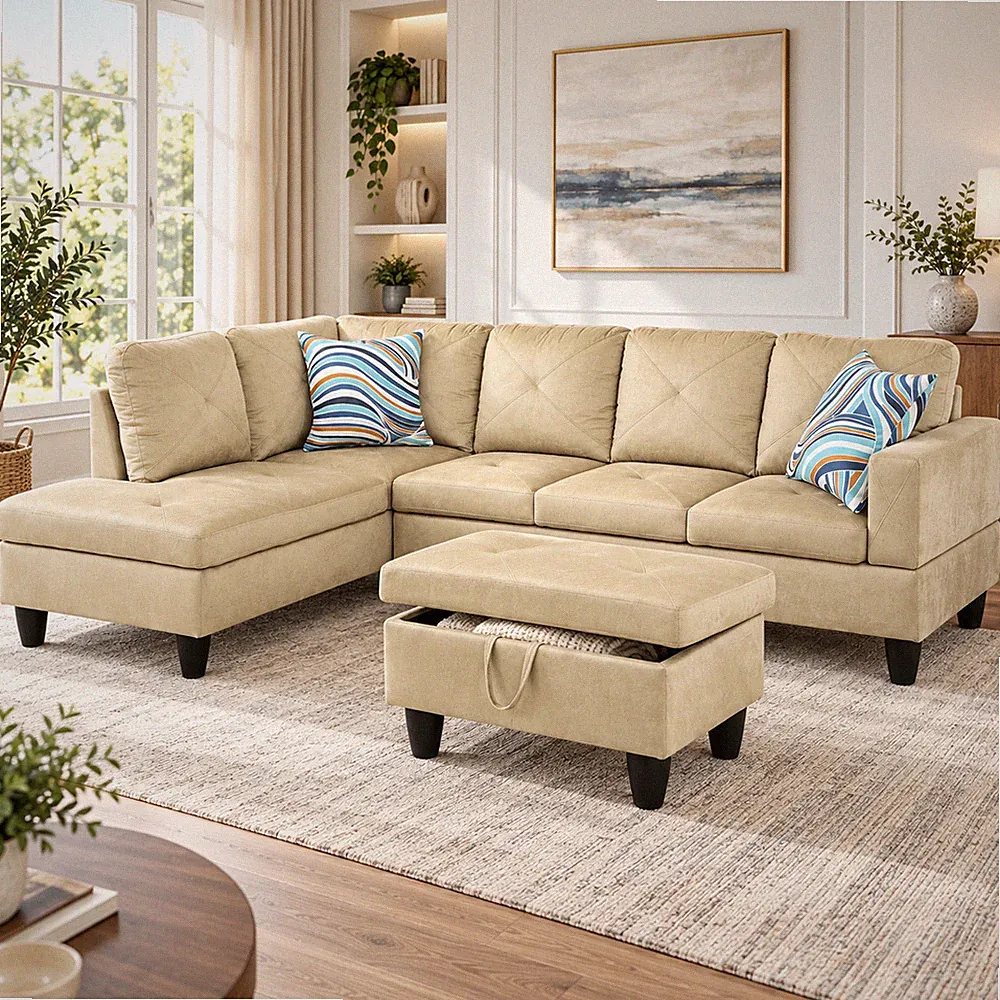 Beige Microfiber 3-Piece Living Room Sofa Set A