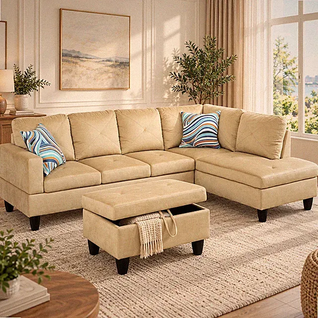 Beige Microfiber 3-Piece Living Room Sofa Set B