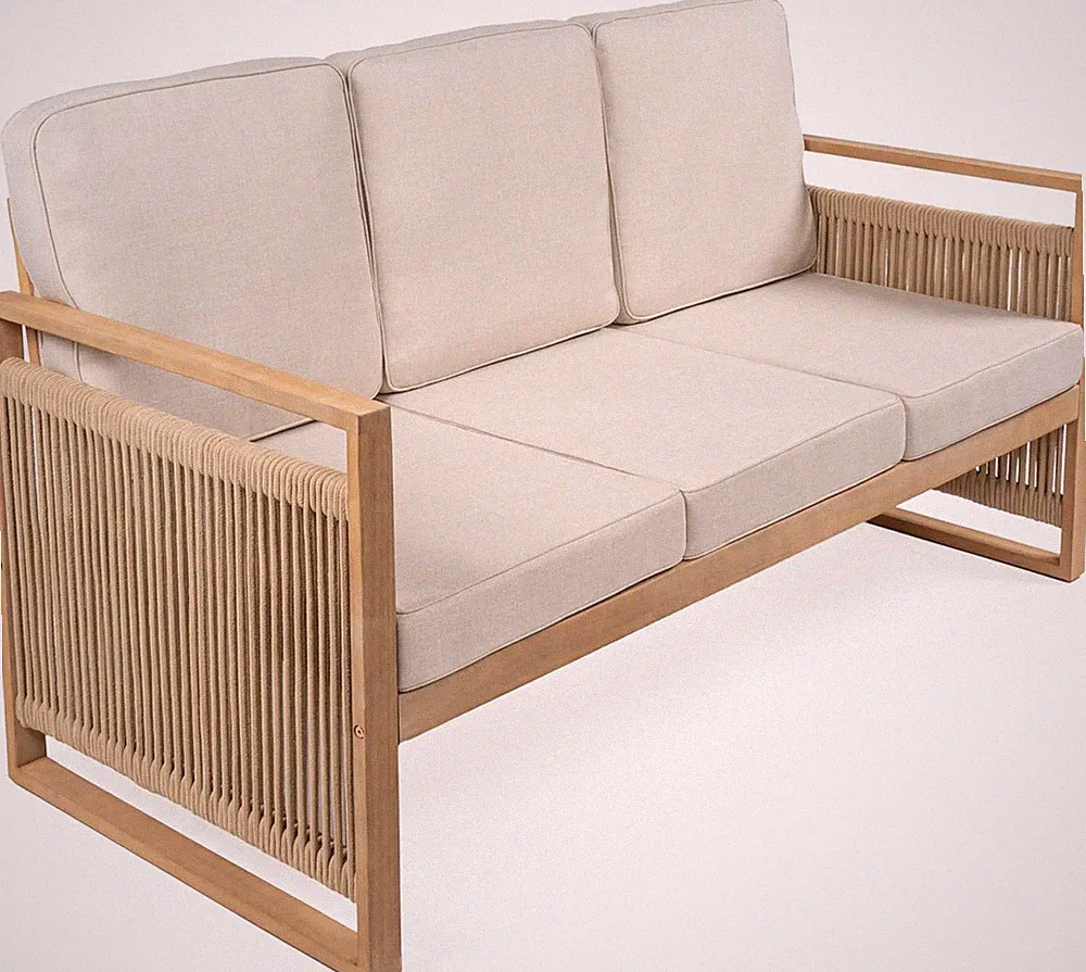 Beige Mid-Century Modern 3-Seat Outdoor Sofa with Cushions - Light Teak