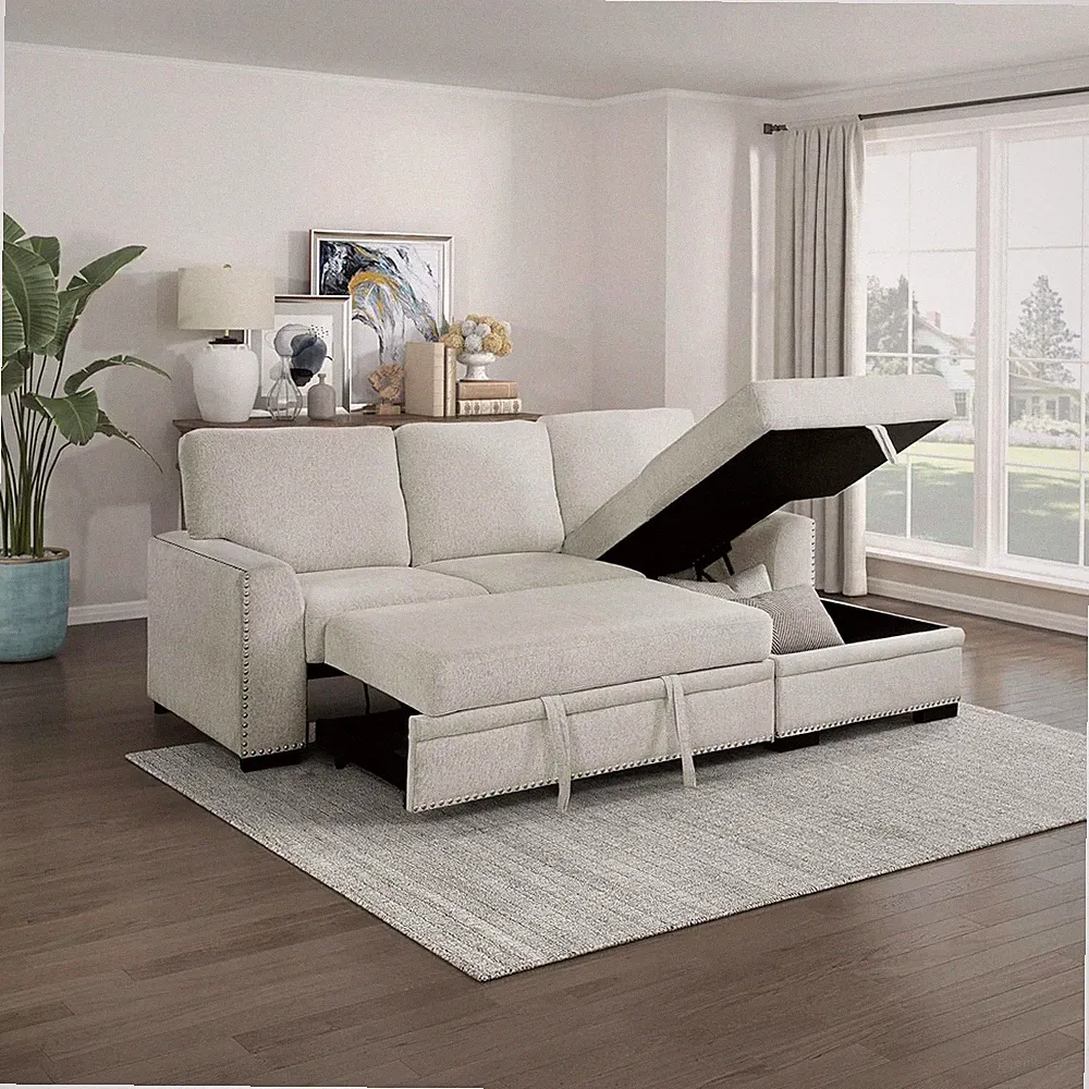 Beige Mid Century Modern Sectional Sleeper Sofa Bed with Storage Chaise