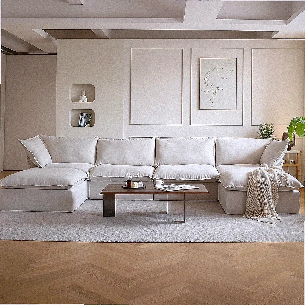 Beige Modern U-Shaped Convertible Sectional Sofa with Ottomans