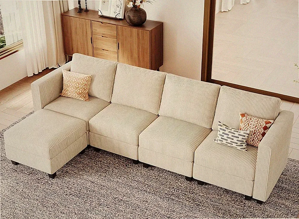 Beige Modular L-Shaped Sectional Sofa with Storage Ottoman and Chaise