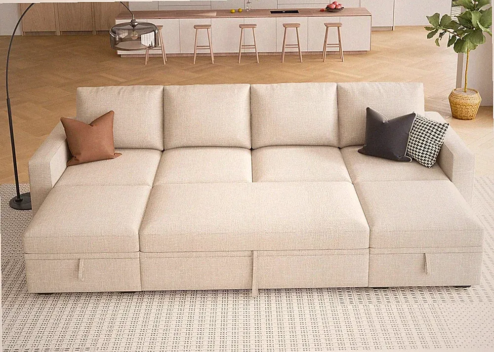 Beige Modular Sectional Sleeper Sofa Bed with Storage Ottoman for Living Room