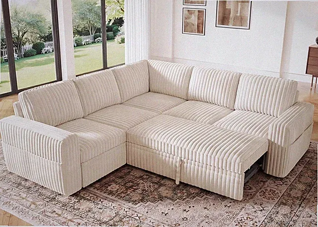 Beige Modular Sectional Sleeper Sofa with Storage & Pull Out Bed