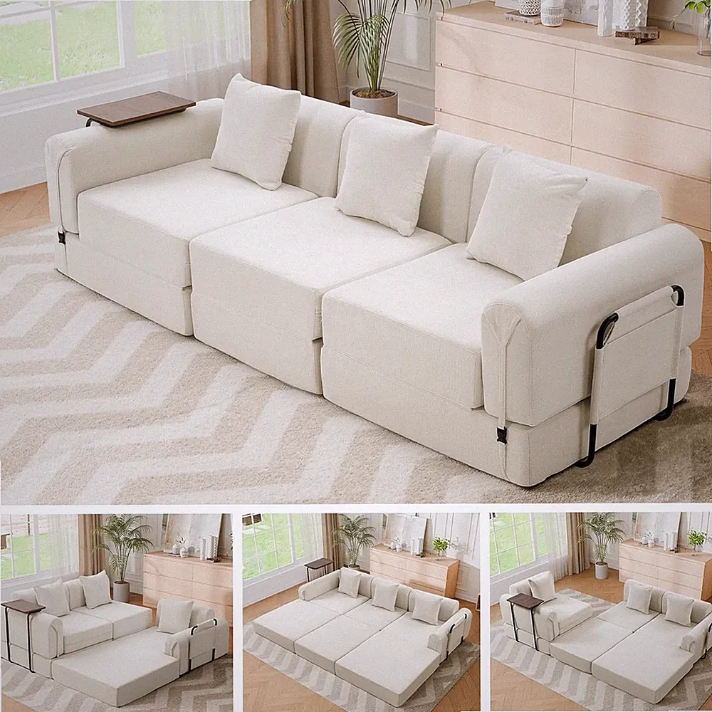 Beige Modular Sectional Sofa Bed with Movable Table, Tool-Free Assembly