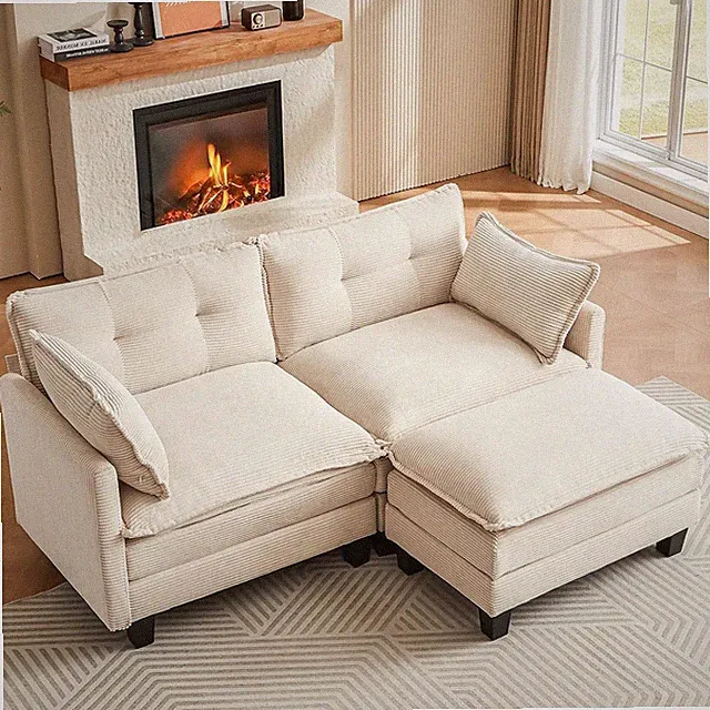 Beige Modular Sectional Sofa with Movable Ottoman - Comfy L-Shaped Design