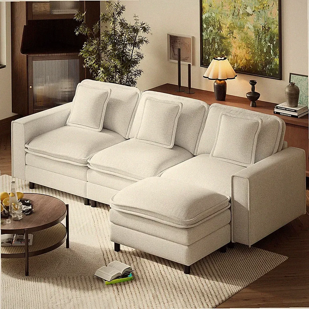 Beige Modular Sectional Sofa with Ottoman & Pillows - 4-Seat L Shape