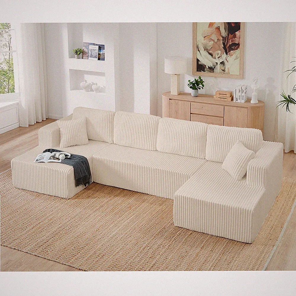 Beige Modular U-Shape Sofa with Sleeper Function, Space-Saving, No Assembly